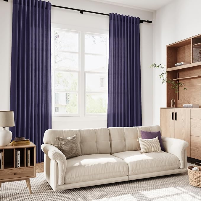 Purple Linen Blend Light Filtering Back Tab Curtains 108 Inches Long, Semi - Image 7