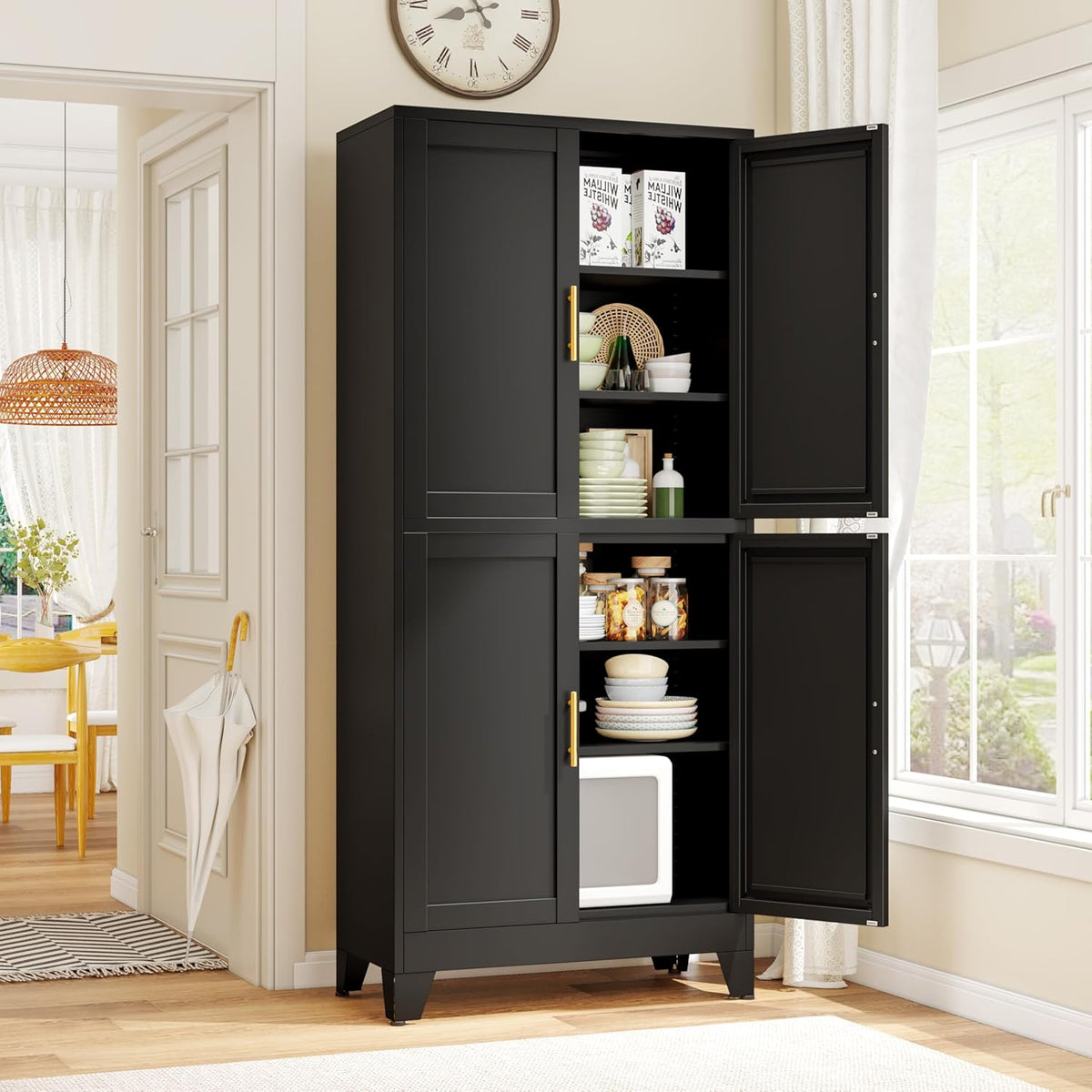 75.2" Tall Metal Pantry Cabinet, Storage Cabinets with 4 Door and 4 Adjustable Shelves, Black Kitchen Pantry Storage Cabinet, Freestanding Cupboard for Kitchen Dining Room Living Room Bathroom