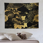 HZOHNAGO Japanese Tapestry Gold Flowers Umbrella Fan Pattern Printed Wall Tapestry Painting Wall Hanging for Bedroom Living Room Dorm 80" W x 60" H