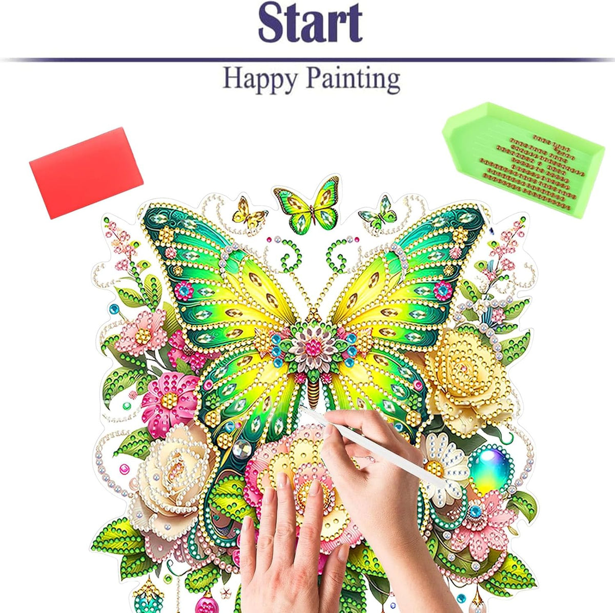 Diamond Painting Kits for Adults Beginners, 5D Full Drill Flowers and Butterfly Crystal Art Desktop Ornament, DIY Single Sided Home Office Desk Decor, Creative Craft Gift Set with Tools