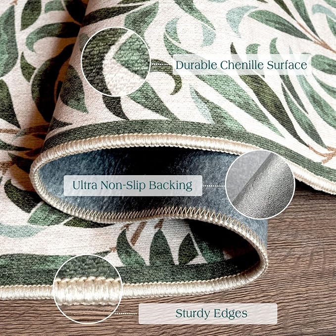 Front Door Mat Outside Entrance, 2x3 Boho Sage Olive Green Leaf Rug | Non-Slip - Image 3