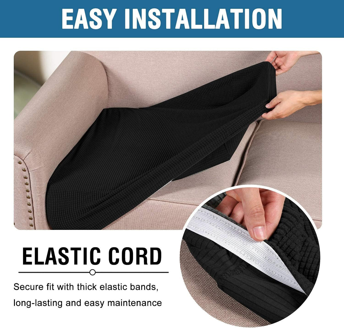 H.VERSAILTEX Super Stretch Individual Seat Sofa Covers Couch Slipcover Sets Thick Jacquard Textured Twill Fabric (3 Piece XL Cushion Covers, Black)