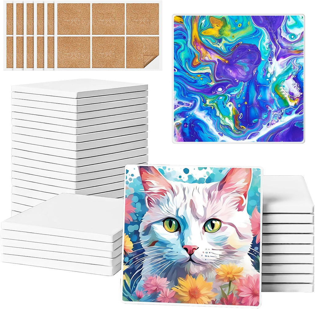 Ceramic Tiles for Crafts, GOH DODD 36 Pack Unglazed Blank Coasters with Cork Backing for Alcohol Ink Painting Acrylic Pouring Art Projects Housewarming Gifts Wedding School Education, 4 Inch