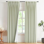 Vision Home Soft Green Pinch Pleated Full Blackout Curtains Linen Blended Room - Image 2
