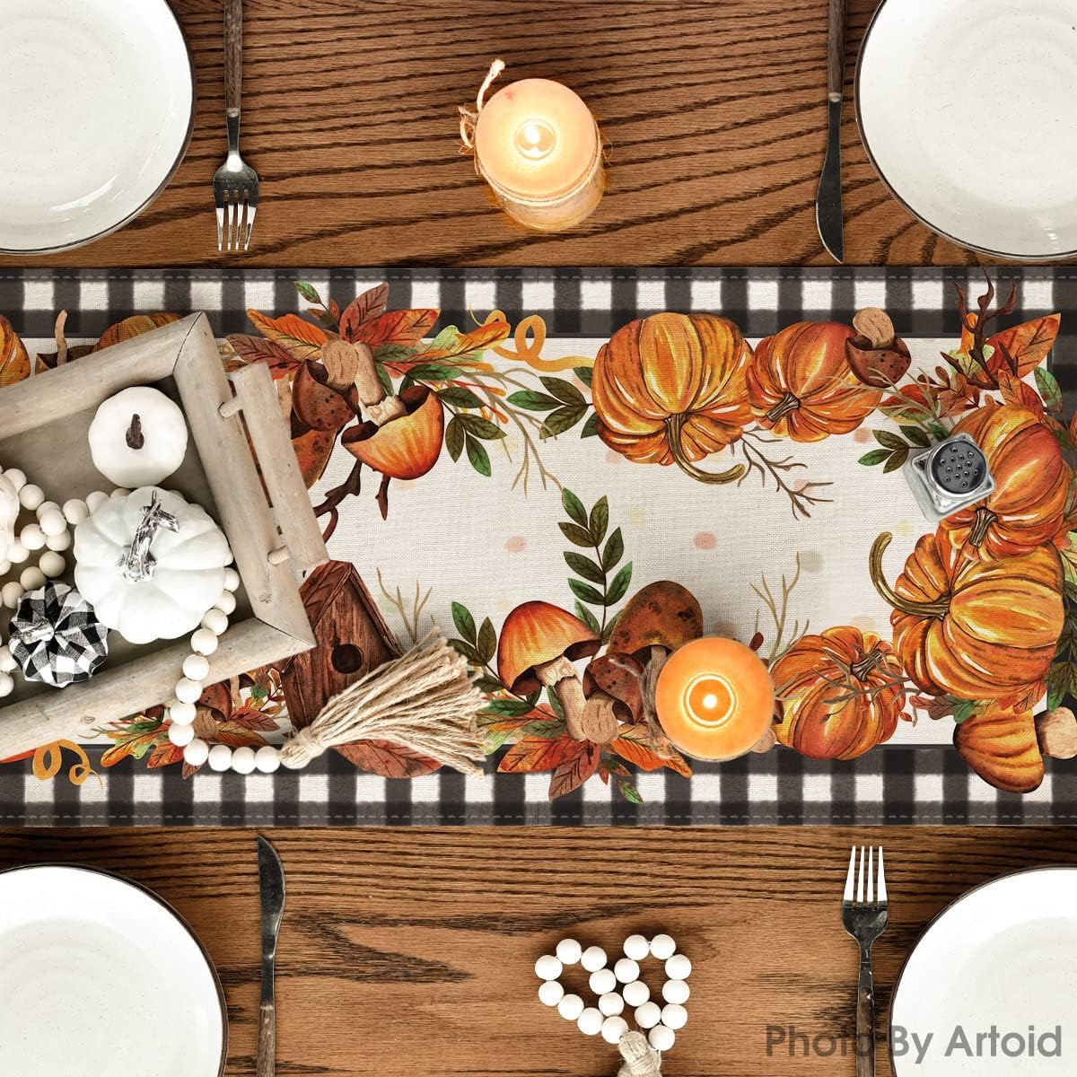 Artoid Mode Buffalo Plaid Pumpkins Mushrooms Birdhouse Leaves Table Runner, Seasonal Fall Harvest Vintage Kitchen Dining Table Decoration for Indoor Outdoor Home Party Decor 13 x 36 Inch
