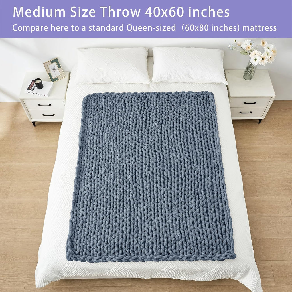 Bigacogo Chunky Knit Throw Blanket for Couch, 40x60 inches, 100% Hand Knitted with Thick Jumbo Chenille Yarn, Cozy Soft Large Rope Knot Cable Crochet Blankets for Sofa Bed Living Room, Cold Sea Blue