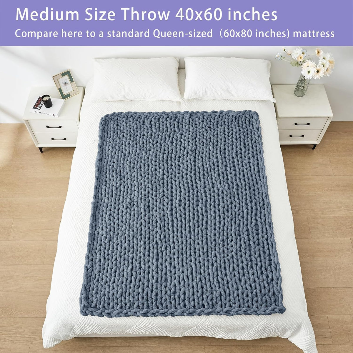 Bigacogo Chunky Knit Throw Blanket for Couch, 40x60 inches, 100% Hand Knitted with Thick Jumbo Chenille Yarn, Cozy Soft Large Rope Knot Cable Crochet Blankets for Sofa Bed Living Room, Cold Sea Blue