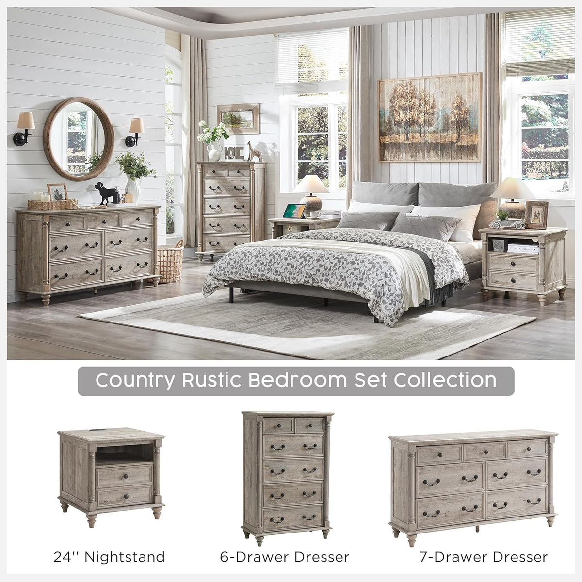 T4TREAM 24'' Farmhouse End Table w/4 Solid Wood Feet, Large 2 Drawers Wide Sofa Side Table with Charging Station, Tall Rustic Wood Square Nightstand for Living Room, Bedroom, Office, Light Rustic Oak