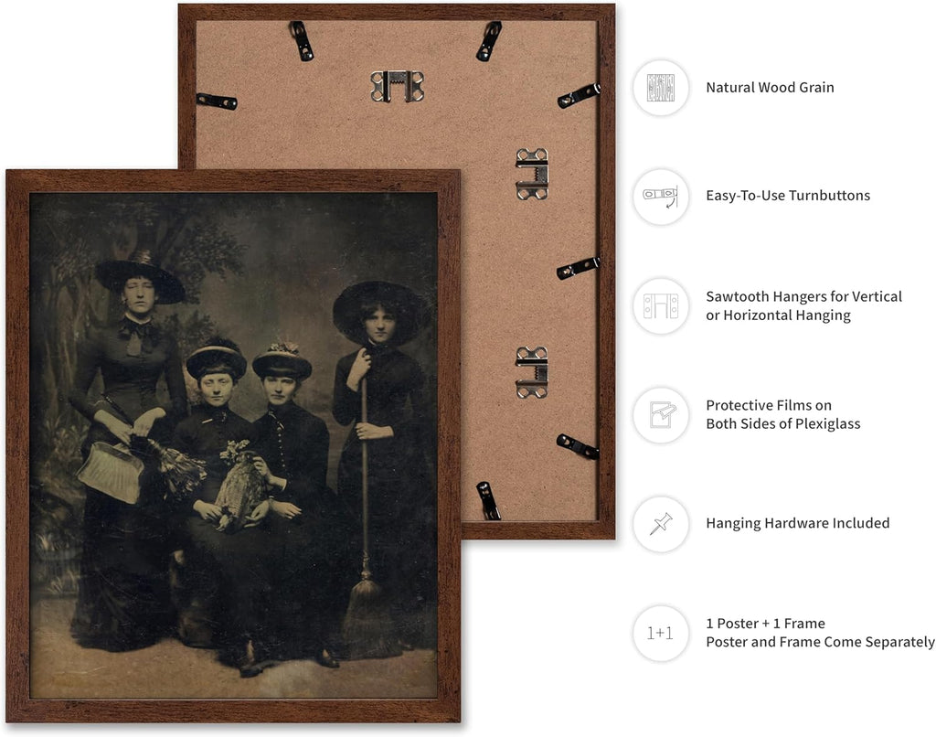 Poster Master Vintage Photograph Poster - Retro Halloween Print - Gift for Artist, Friend - Four Witches Wearing Robes, Sabbath, Coven, Sorcery - Wall Decor for Home, Office, 8x10 Brown Framed