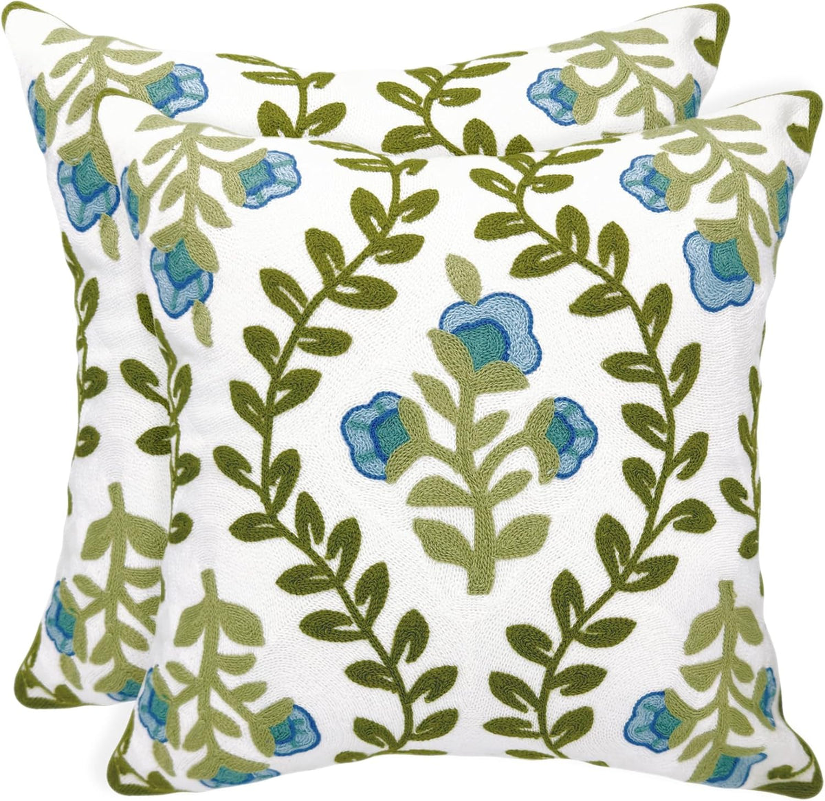 Alysheer Floral Embroidered Summer Decorative Throw Pillow Covers 18"x 18" Set of 2, Farmhouse Blue Flowers Green Vines Patterned Cotton Cushion Cases for Couch Bed Living Room Cottage Decor