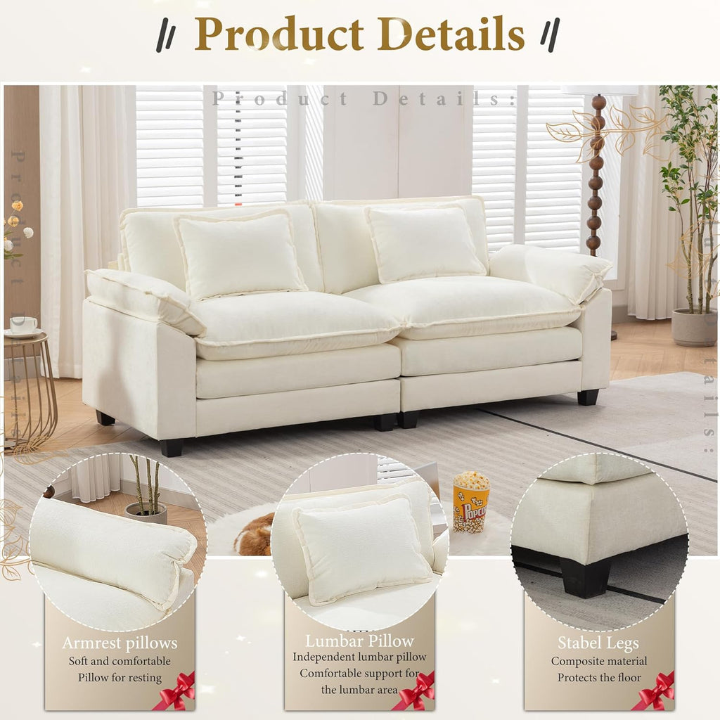URRED Modular Sectional Sofa Comfy Cloud Couch, Modern Chenille Sofa Sleeper Deep Seat Couches with Ottoman/Pillows for Living Room (White, 82.6'')