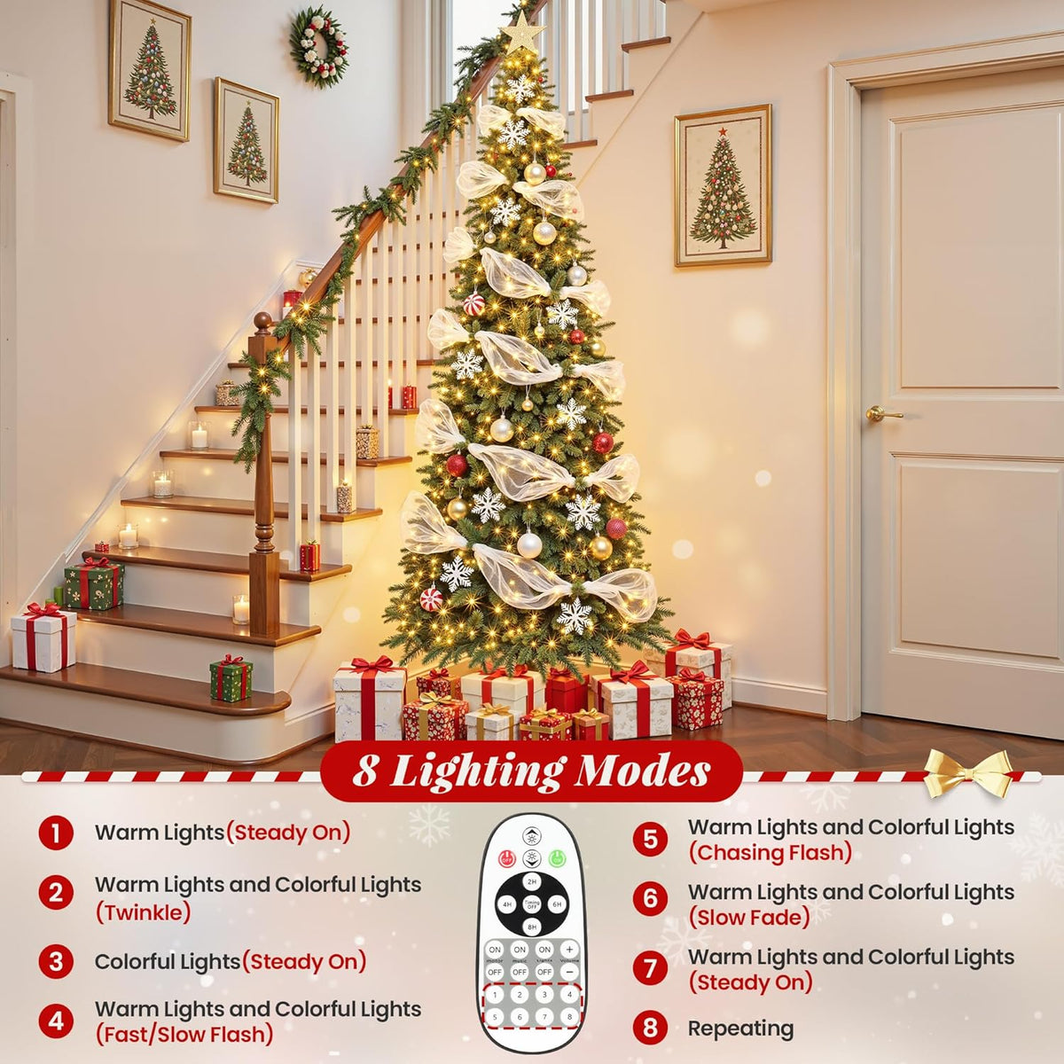 7.5ft Slim Pencil Christmas Tree Pre-lit, Remote Control, Rotating & Foldable Stand, RGB & Warm White Light for Home Decor