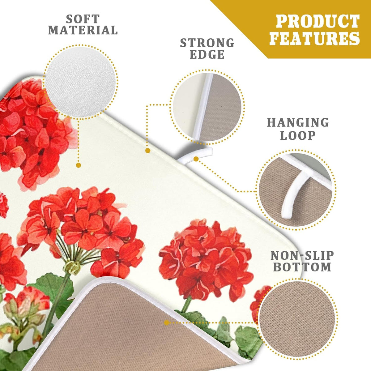 Spring Dish Drying Mat for Kitchen Counter Geranium Summer Floral Seasonal Absorbent Reversible Microfiber Kitchen Countertop Protector Dishes Pad Small 16x18 inch
