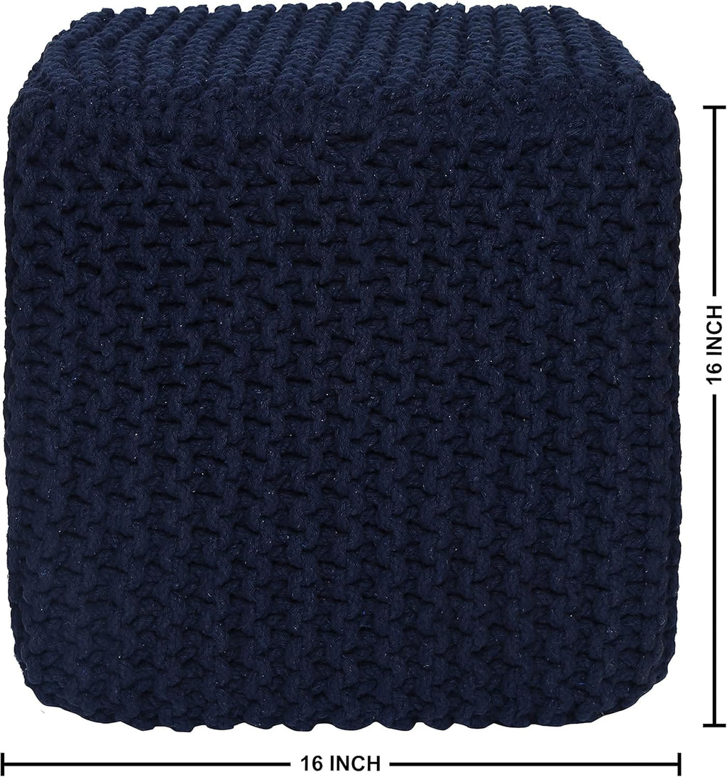 REDEARTH Square Hand Knitted Pouf - Foot Stool Ottoman Coffee Table - Cotton Cord Boho Pouffe - Poof Accent Footrest for Living Room - Bedroom - Library (16" x 16" x 16") - Navy Blue