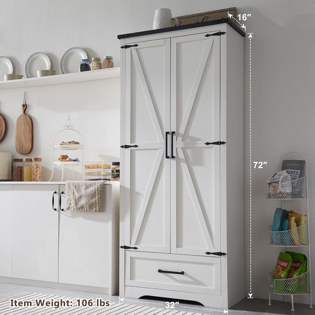 72" Tall Wood Storage Cabinet, Farmhouse Kitchen Pantry Cabinet with Adjustable Shelves & Drawer & Barn Doors, Versatile Storage for Kitchen, Dining Room, Bathroom, Antique White