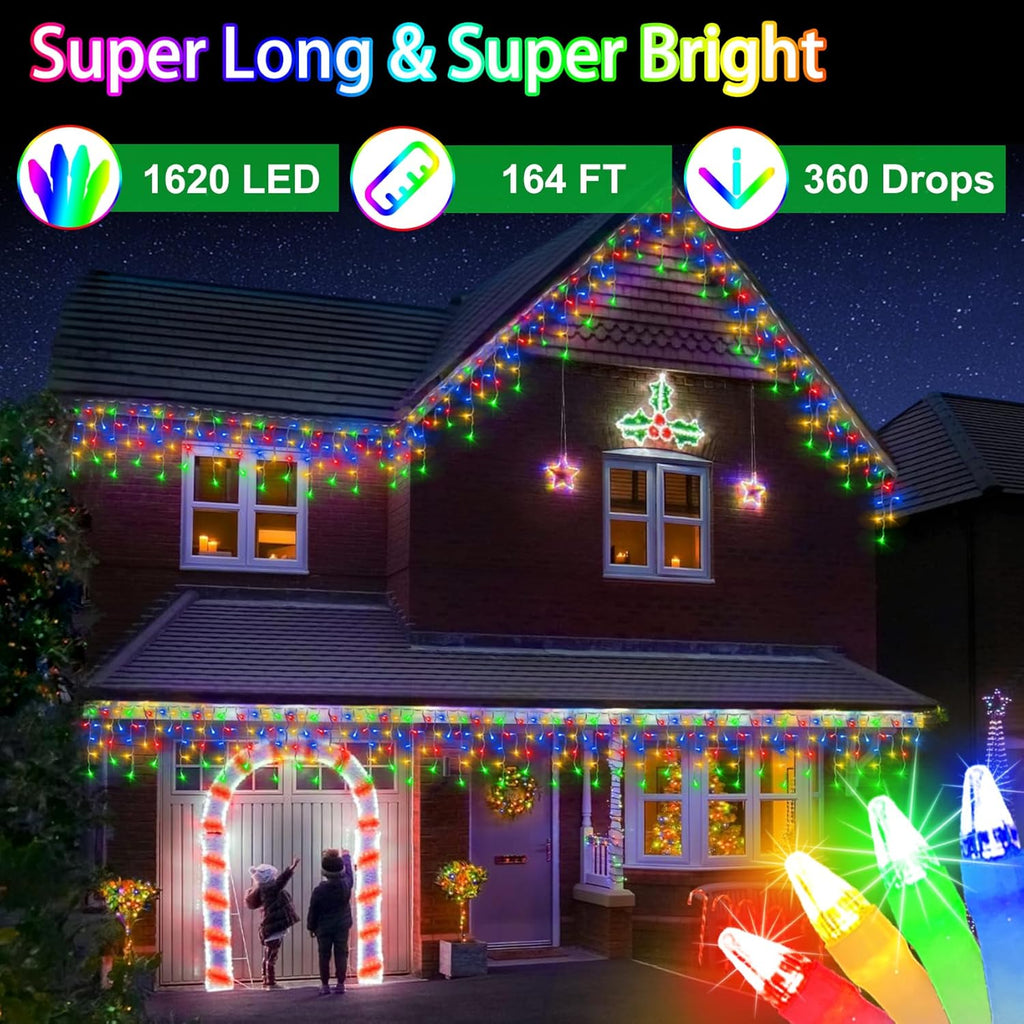 1620 LED Christma Lights with 360 Drops, 164ft Outdoor Hanging lights with 8 Modes & Timer Memory, Outsite Waterproof Curtain String Lights for Front House Fence Tree Holiday Decorations Multicolor