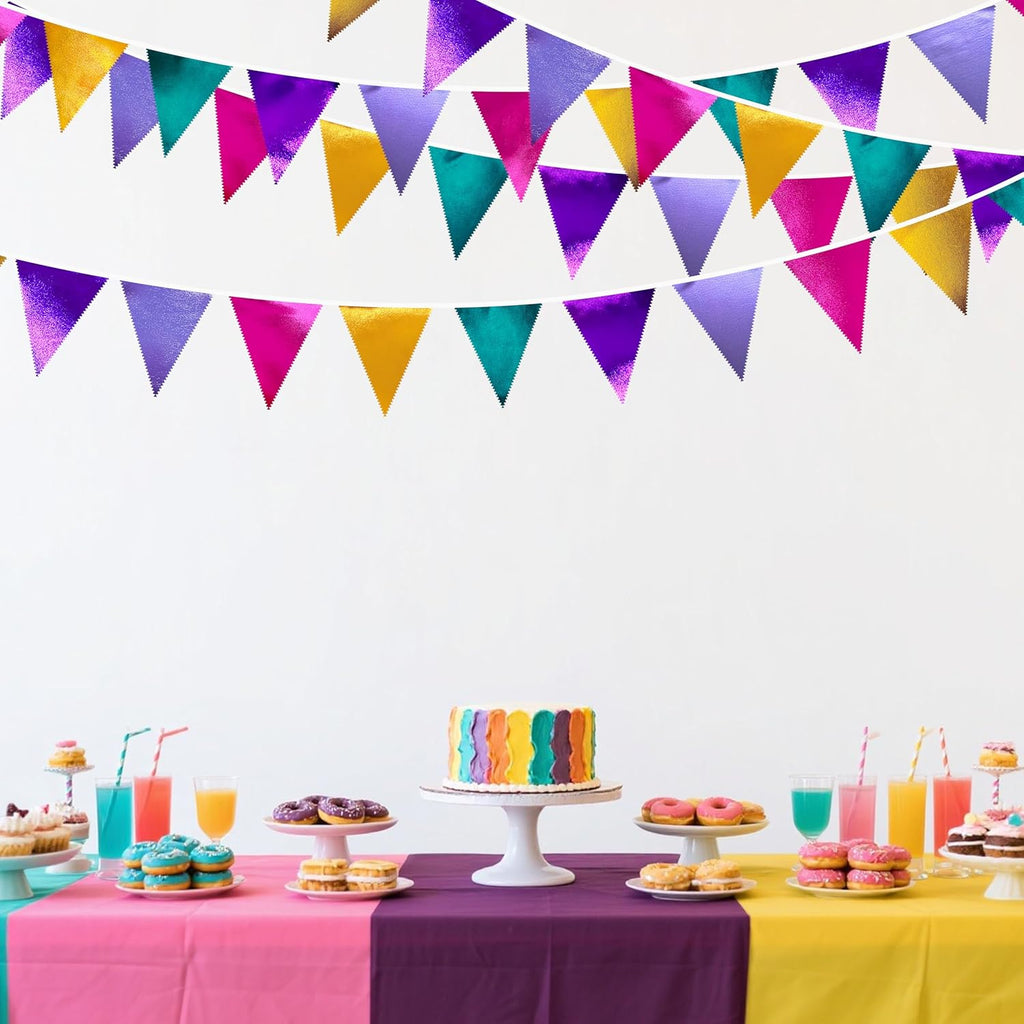 Colorful Party Decorations Hot Pink Teal Purple Metallic Fabric Triangle Pennant Banner Flag Bunting for Fiesta Carnival Rainbow Multi-color Birthday Wedding Baby Shower Holiday Outdoor Party Supplies