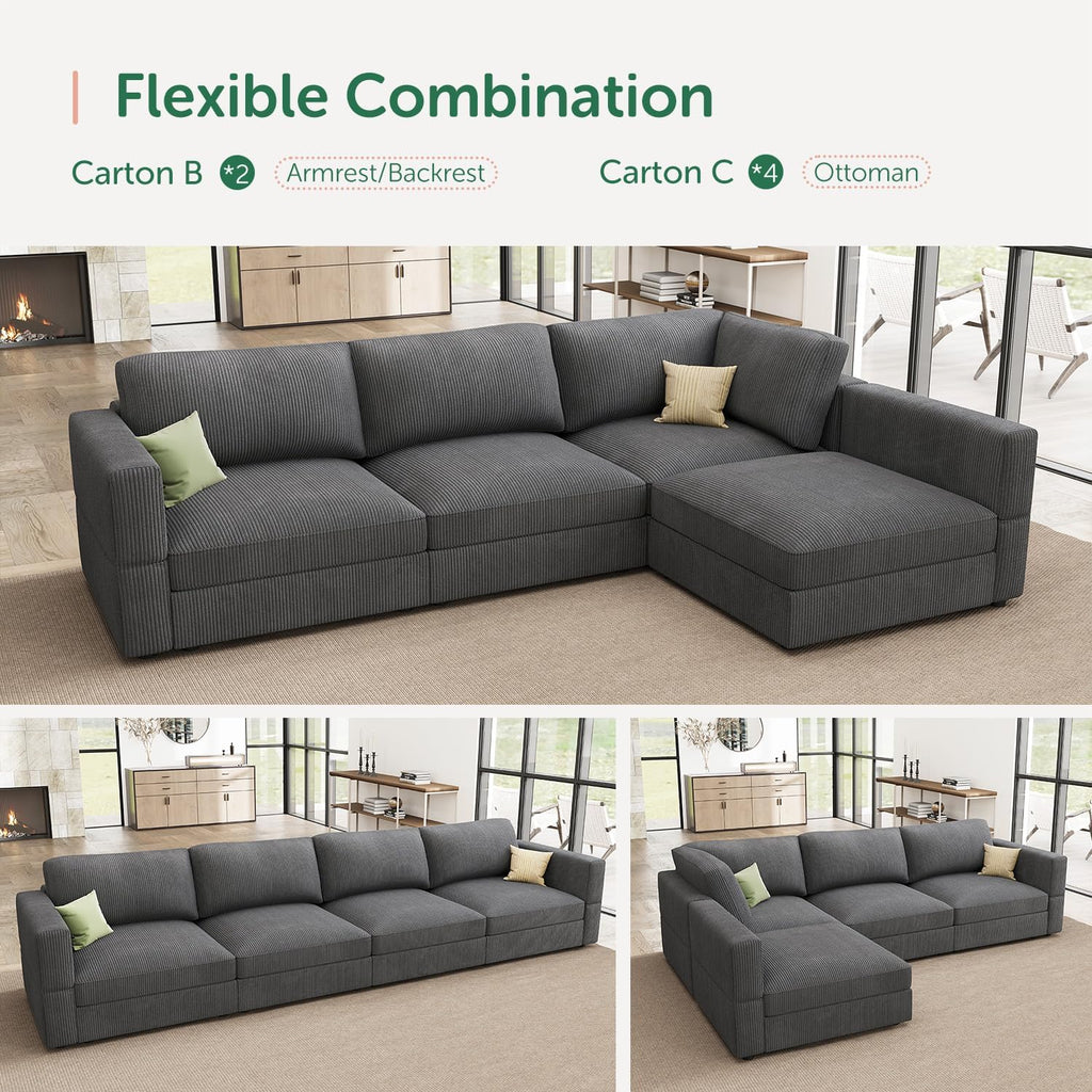HONBAY Modular Sectional Couches with Storage Corduroy Sleeper Sofa Modular Sectional Couches for Living Room,Dark Grey