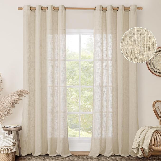 Linen Sheer Curtains 95 inch for Living Room, Soft Thick Light Filtering Boho - Image 2