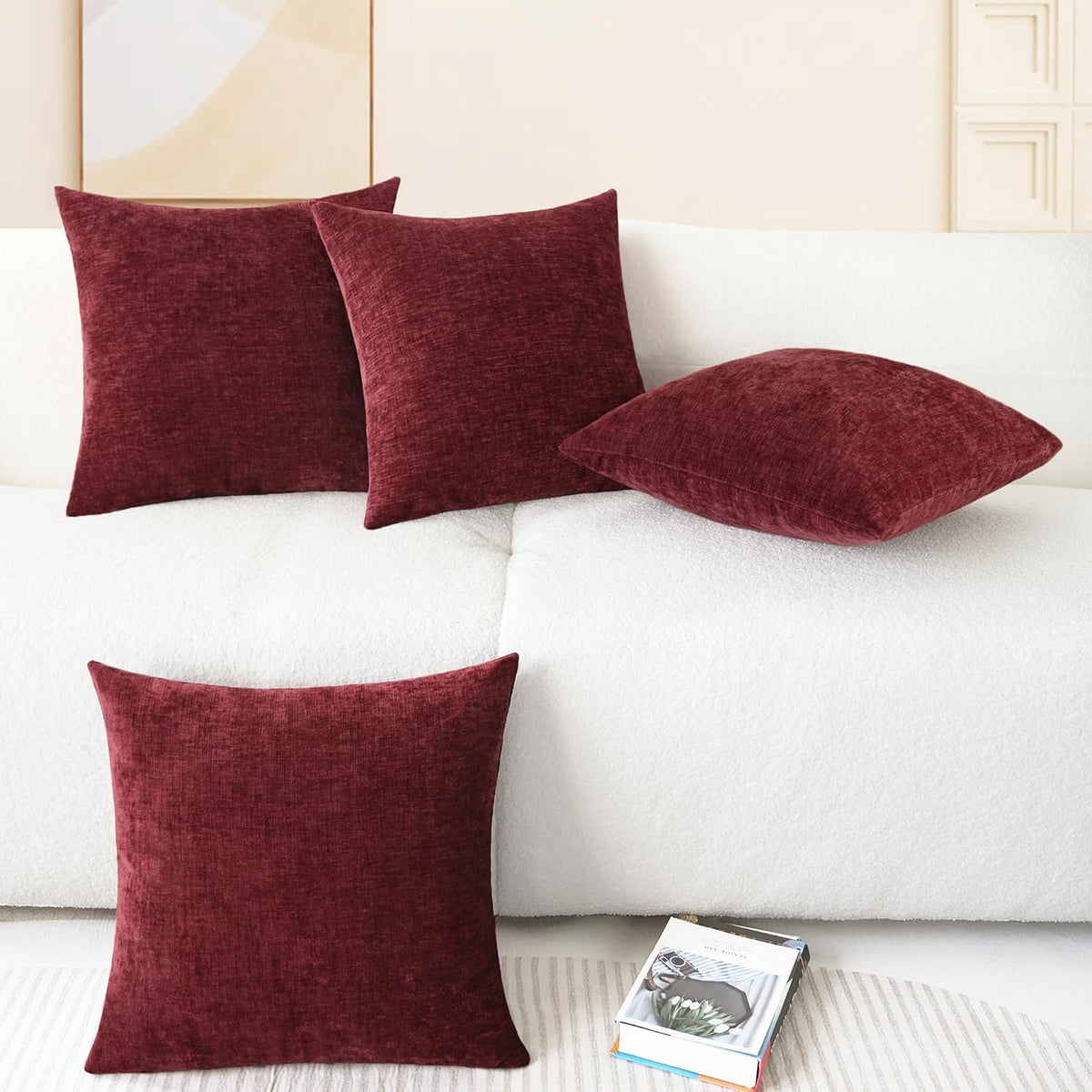 CaliTime Throw Pillow Covers Decorative 18 X 18 Inches Pack of 4 Cozy Chenille Cushion Cases for Couch Sofa Bed Living Room Home Burgundy