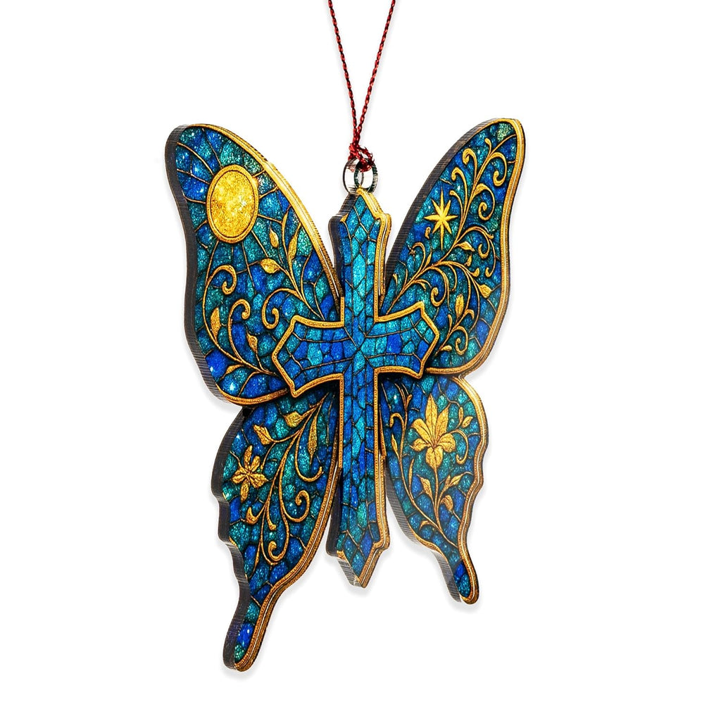 Butterfly Cross Ornament – Christian Memorial Christmas Ornament – Religious Sympathy Gift for Loss of Loved One – Bereavement Keepsake Decoration, Suncatcher Effect stained glass window hanging