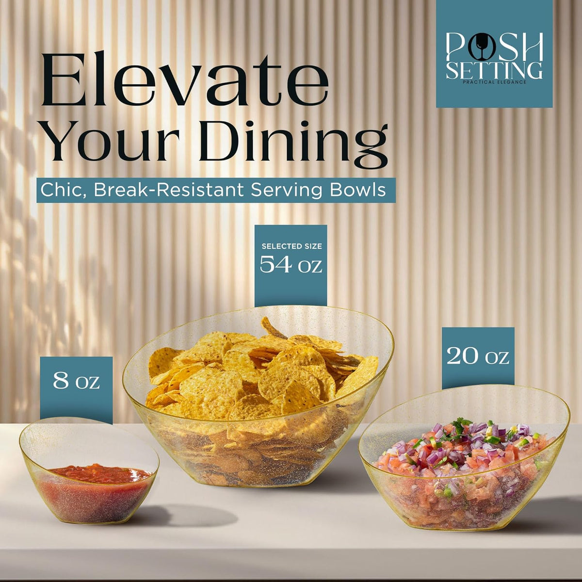 Posh Setting - Gold Plastic Serving Bowls for Party - Angled, Disposable, Chip & Candy Bowls - 54 OZ, 5 Pack