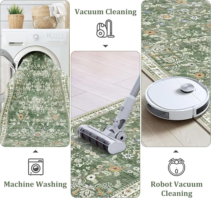 Yamaziot 2x12 Washable Hallway Runner Rug Non Slip Floral Carpet, Sage Green | - Image 4