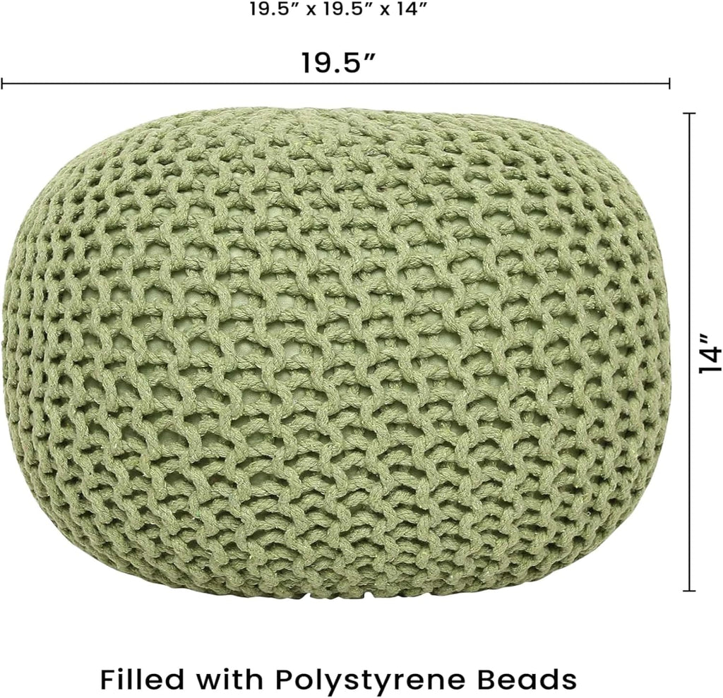 REDEARTH Round Pouf Foot Stool Ottoman - Cotton Knitted Cord Boho Pouffe - Cable Poof Filled Footrest Stuffed for Living Room - Nursery - Bedroom - Patio - Lounge (19.5"x19.5"x14") - Kiwi