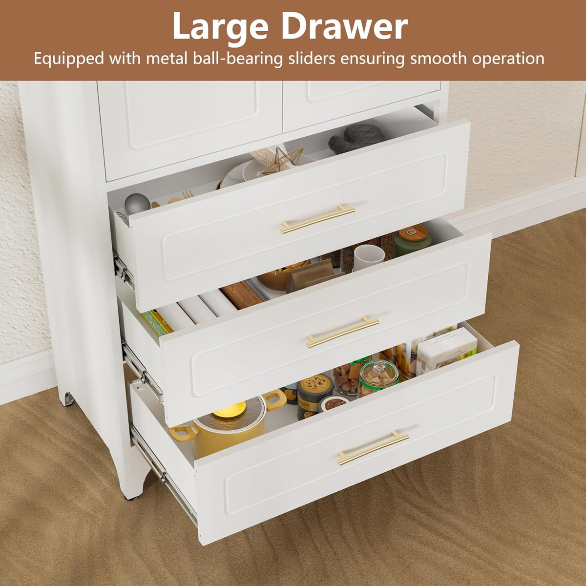 Kitchen Pantry Cabinet, 75" Tall Pantry Cabinet with Three Drawers, Freestanding Food Cupboard with Doors and Shelves, Metal Storage Cabinets for Dining, Living Room, White, Assembly Required