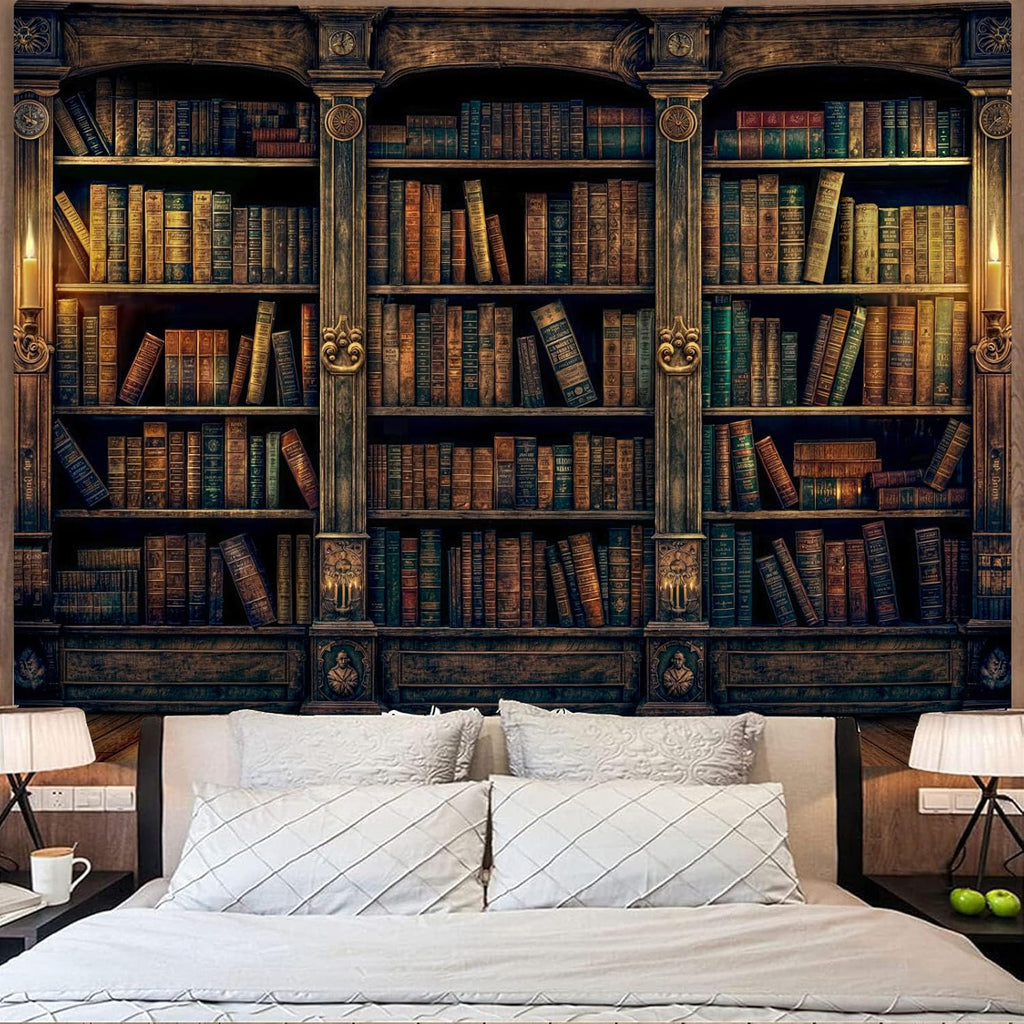 YEXIT Retro Bookshelf Wall Tapestry, Vintage Books Study Library Tapestries for College Dorm Bedroom Magic Caslte Backdrop 60×80 inch