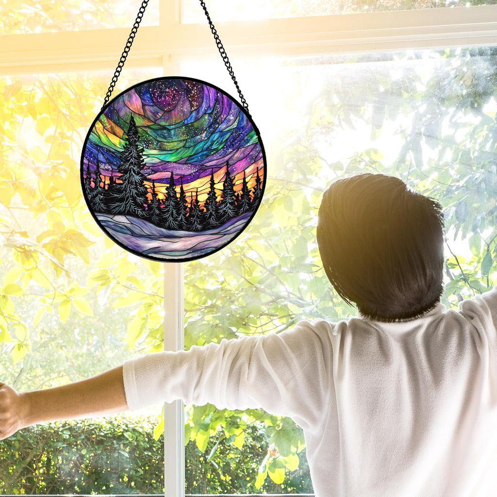 Stained Glass Window Hanging, Van Gogh Night Scene Sun Catchers Colorful Glass Panel Starry Sky Suncatcher Decor for Birthday for Women, Men, Wife, Aunt, and Mom 7.8 in