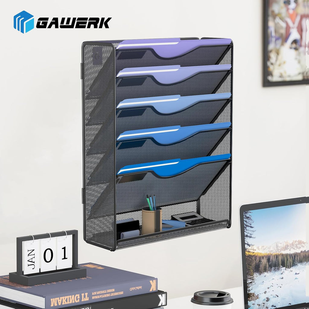 6 Tier Hanging File Organizer, Mesh Wall File Holder Paper Folder Rack with Bottom Flat Tray for Office Home, Black