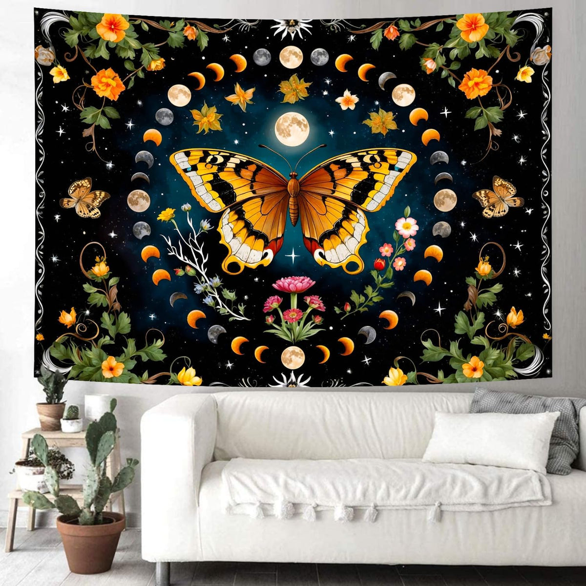 Delur Butterfly Moon Flower Tapestry Botanical Floral Plant Boho Tapestry Wall Hanging Mandala Aesthetic Mushroom Retro Vintage Headboard for Bedroom Living Room Home Decor (51.2" x 59.1")