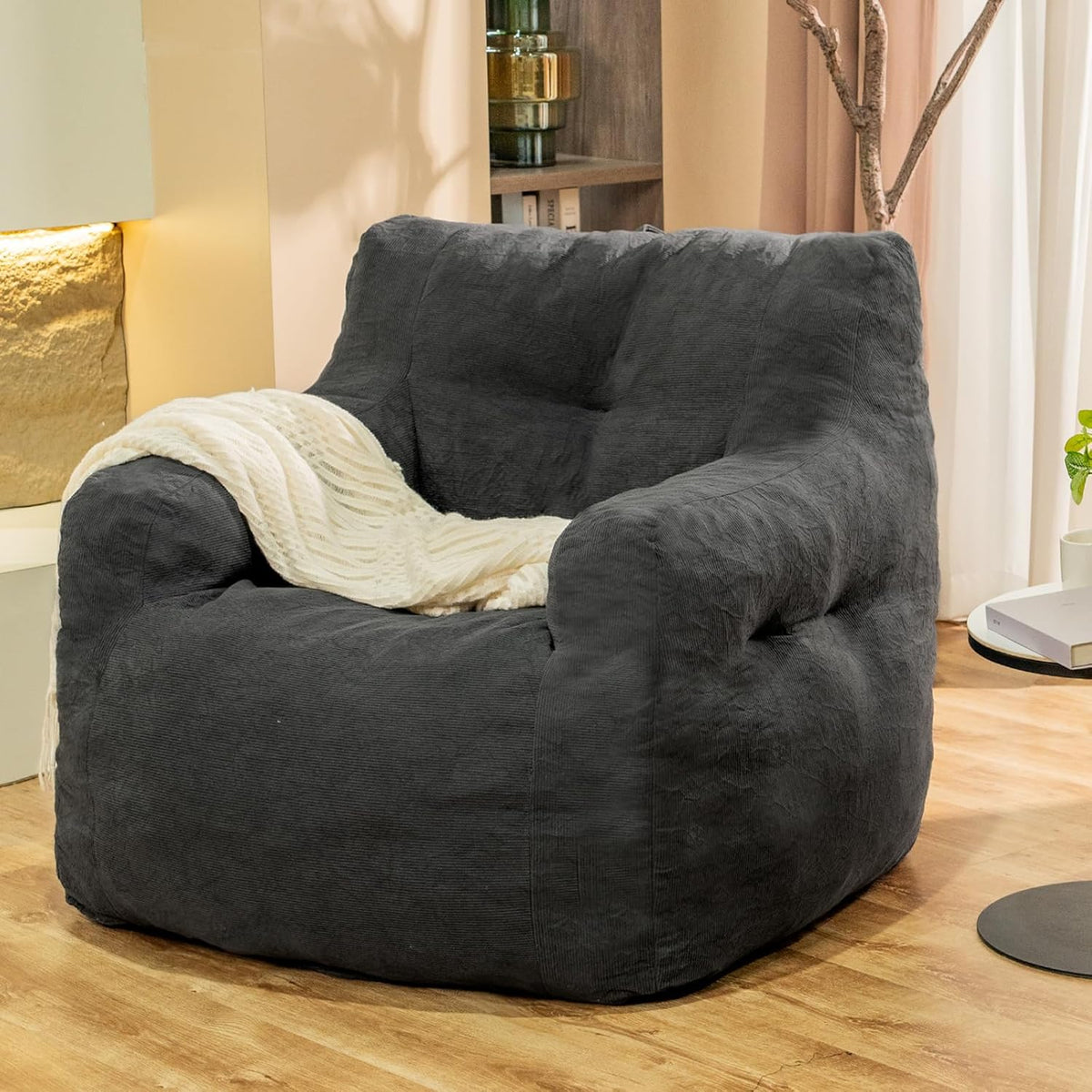 Bean Bag Chairs for Adults Ergonomic Support Reading Floor Sofa Chair with Filler Spacious (Grey) (Standard)