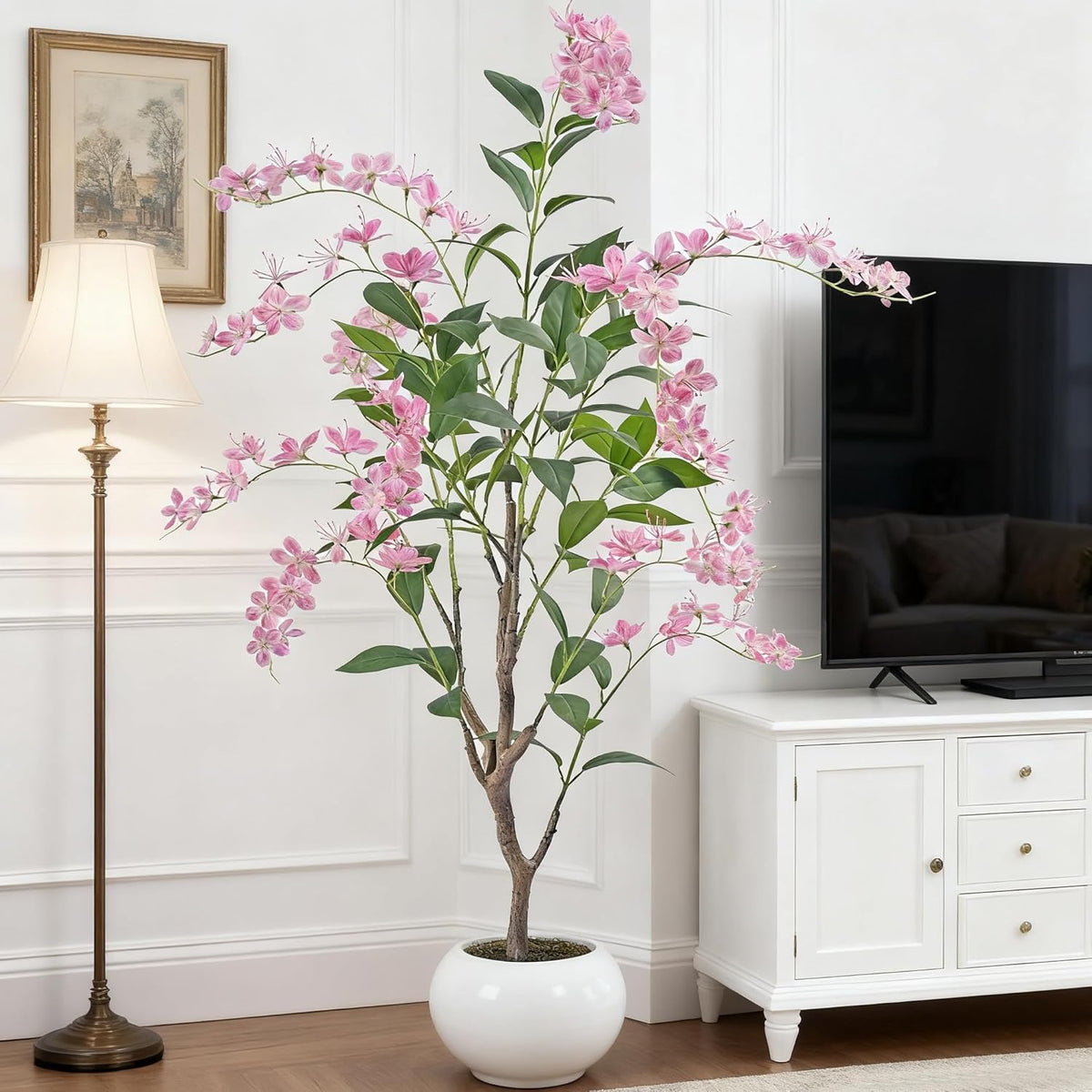 Artificial Jasmine Tree 5ft Beige Flower Pot Fake Plants, Lifelike Artificial Trees with Natural - Looking Blooms, Perfect for Any Space