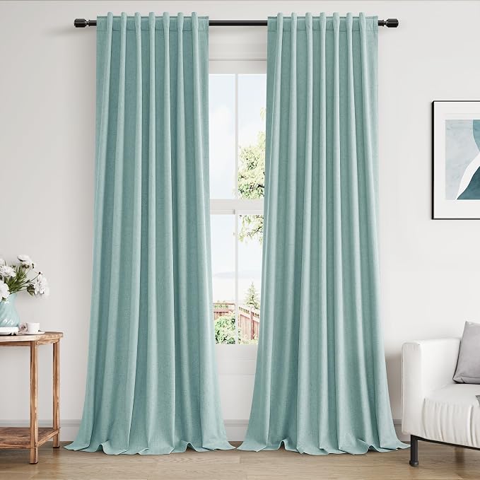 Light Blue 100% Blackout Linen Curtains 100 Inch Length 2 Panels Set by Guken
