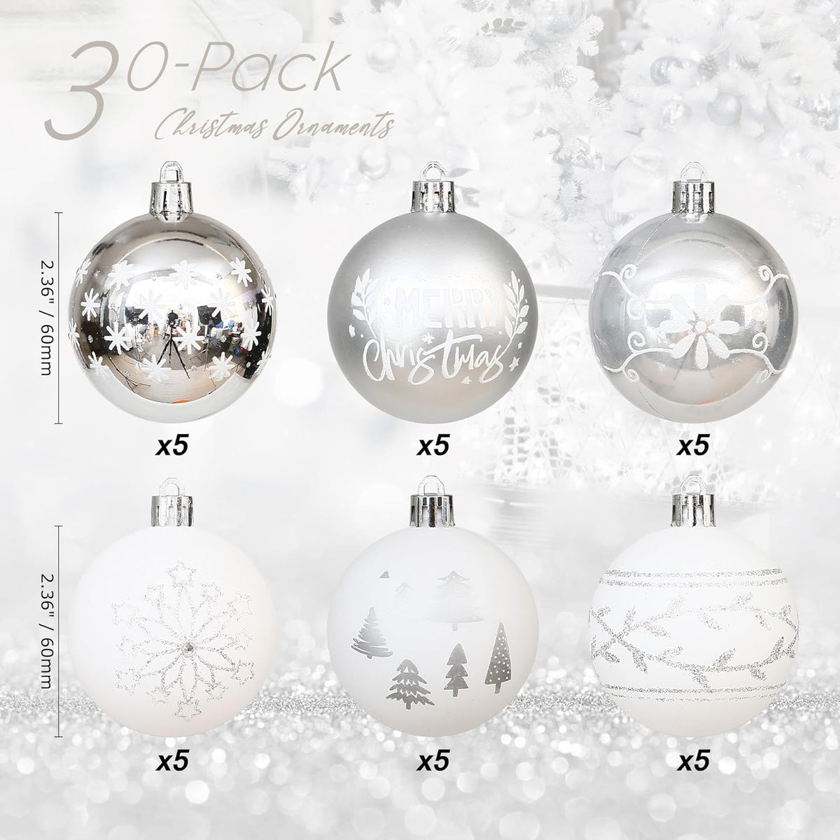 Sea Team 60mm/2.36" Delicate Contrast Color Theme Painting & Glittering Christmas Tree Pendants Decorative Hanging Christmas Baubles Balls Ornaments Set - 30 Pieces (Silver & White)