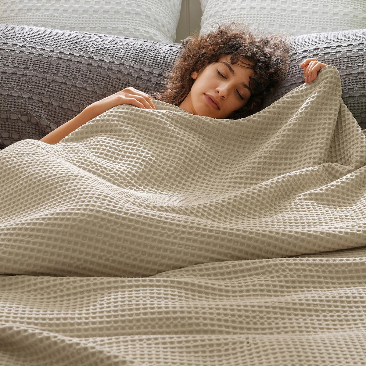 PHF Ultra Soft Waffle Weave Blanket Queen Size 90"x 90"- Washed Lightweight Breathable Cozy Woven Blanket for Bed - Aesthetic Decor for Couch Bedding Sofa Home Car - Khaki