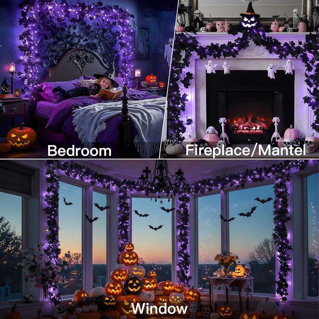 suddus 20 LED Halloween String Lights Battery Operated with Black Maple Leaves 6.5 ft Halloween Garland Decor for Yard, Porch, Table, Wall, Party, Indoor and Outdoor Decorations