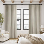 Oatmeal Beige Pinch Pleated 100% Black Out Linen Curtains 84 Inch Length | Room - Image 8