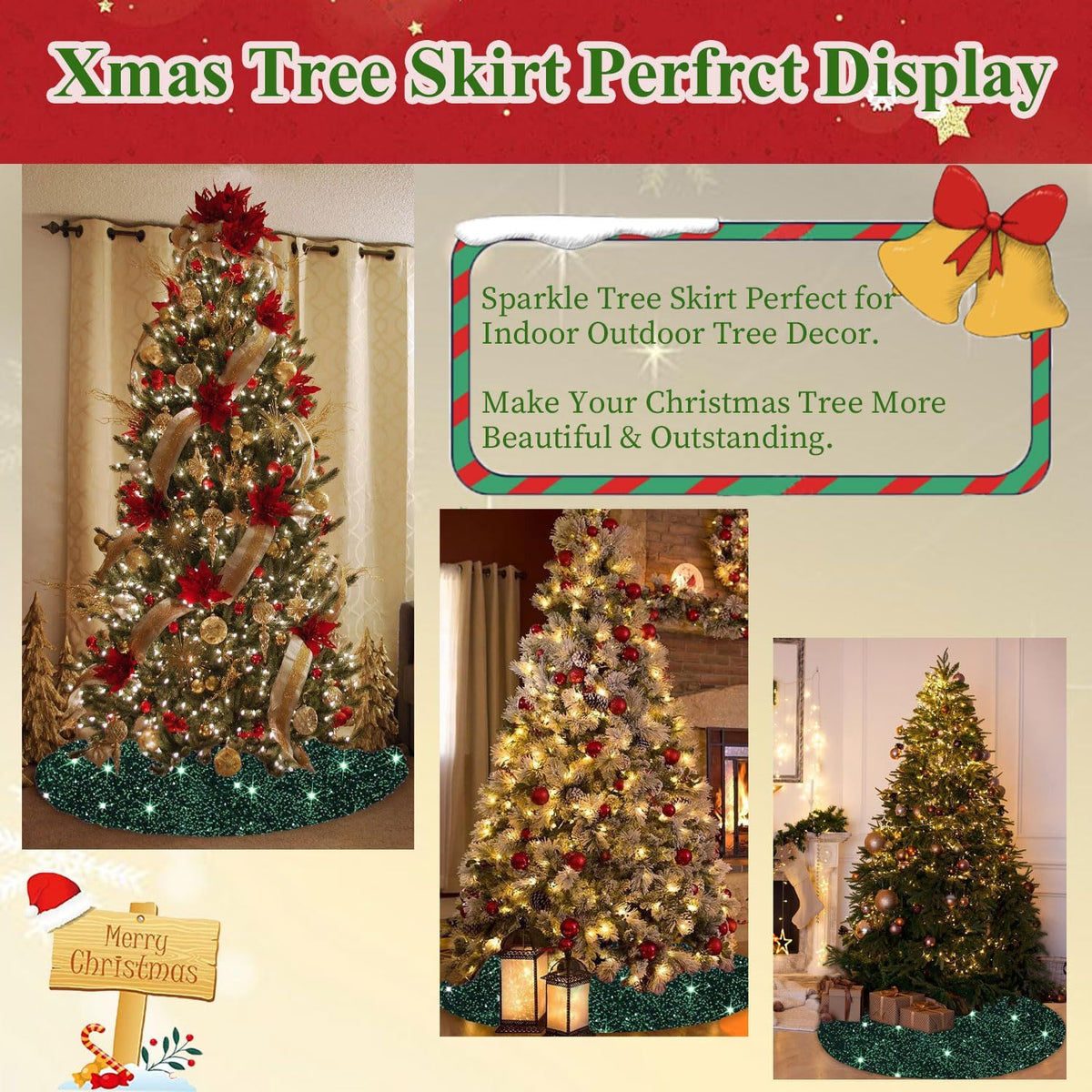 MODFUNS Green Christmas Tree Skirt Black 46 Inches Mermaid Sequin Tree Skirts Thick Velvet Tree Mat Artificial Glitter Tree Cover Skirt for 6FT Tree Shimmer Rustic Tree Skirt Fabric Decorations