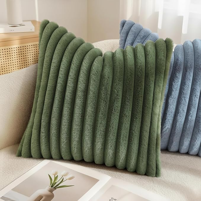 decorUhome Fall Faux Fur Throw Pillow Covers 16x16 Set of 2 Olive Green | - Image 6
