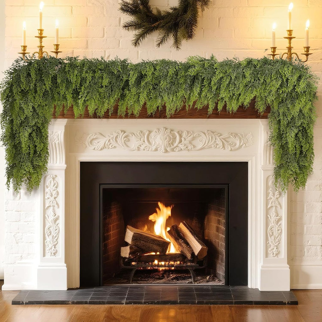 9FT Real Touch Cedar Garland - Artificial Christmas Garland Fake Green Faux Thick and Lush Pine Needles Garlands for Table Fireplace Mantle Holiday Home Indoor Outdoor Decor (1PCS)