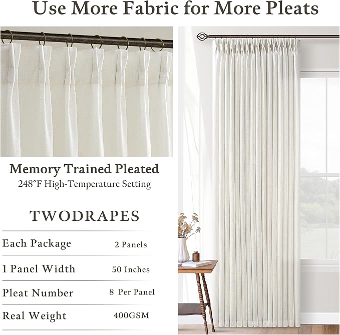 Semi Sheer Linen Pinch Pleated Boho Curtains 102 Inches Long Natural Cream | - Image 4