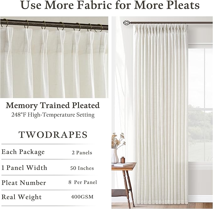 Cream Ivory Linen Pleated Memory Shaped Light Filter Curtains 84 Inch Long | - Image 4