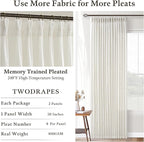 Cream Ivory Linen Pleated Memory Shaped Light Filter Curtains 84 Inch Long | - Image 4