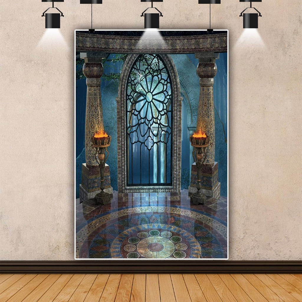 Renaiss 6x9ft Medieval Castle Backdrop for Photoshoot Portrait Pillar Torch Gothic Stone Tower Ancient Old Fortress Interior Photography Background Halloween Party Decor Wallpaper Photo Studio Props