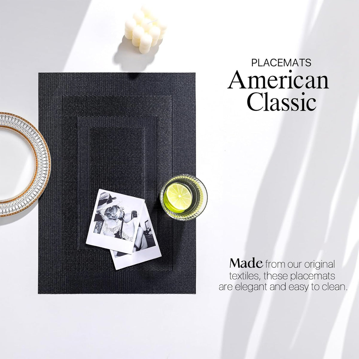 LEXMORE Placemats Set of 4 Vinyl/Plastic Woven Place Mats for Kitchen Table Indoor/Outdoor Washable Placemat Wipeable Dining Table Mats(G-Black Cube)
