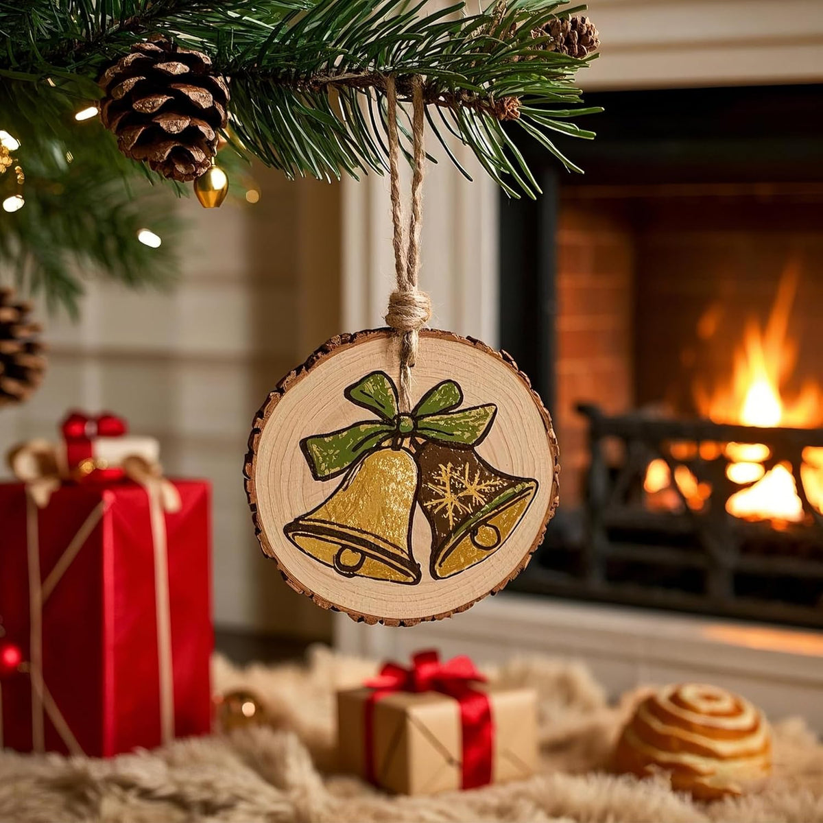 20PCS Pre-Drilled Wood Slices with Holes, 3.2-4 Inch Natural Pine Discs & 8M Hemp Rope, Sanded Smooth DIY Crafts Kit for Christmas Ornaments, Rustic Wedding Decor, Kids Art (20pcs)