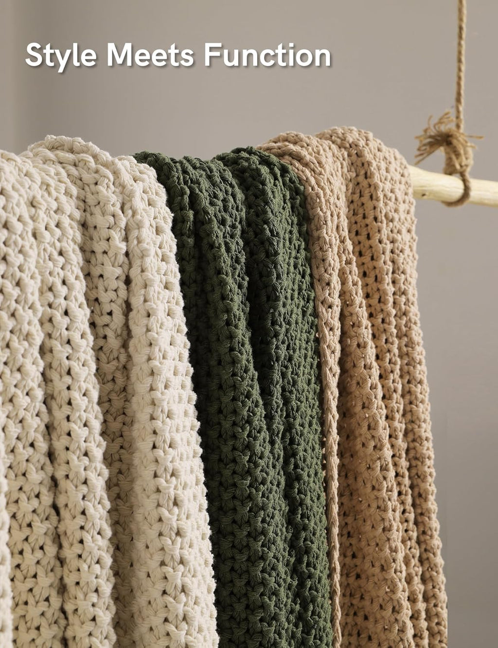 YnM Chunky Cotton Knit Throw Blanket, Cable Knit Throws for Bed Couch Sofa, Comfy & Relaxing, Decorative Piece for Farmhouse Modern Boho Rustic Scandinavian Chic Vibe, Beige 40x50 Inches